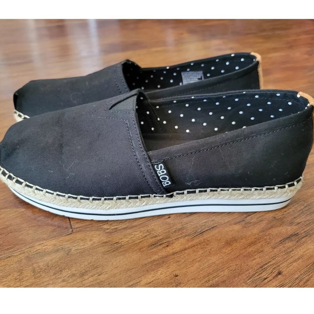 BOBS Skechers Highlights Black Espadrille Platform Wedge Shoes
